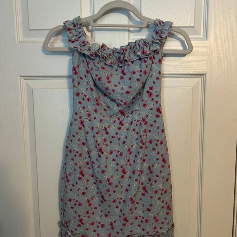 superdown Girls' Light Blue Dress with Pink Floral Ruffles - Picture 2 of 5